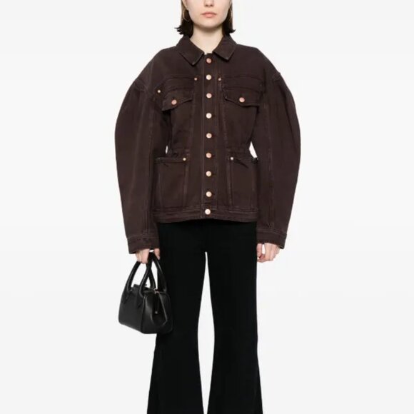 ulla johnson medium dk brown odette dylan denim puff sleeve peplum jacket - Picture 1 of 8